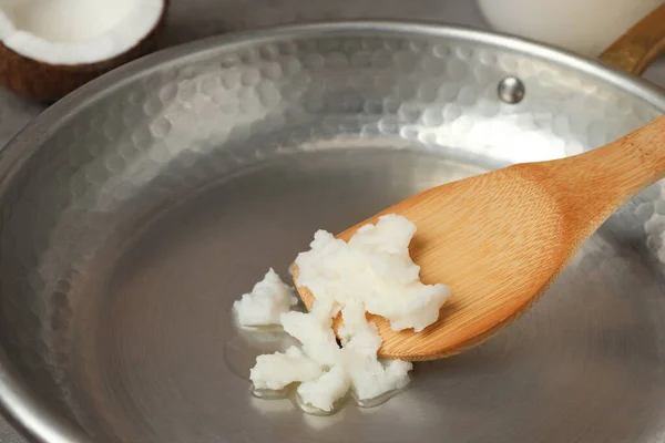 Frying Pan Coconut Oil Wooden Spatula Closeup Healthy Cooking — Stock Photo, Image