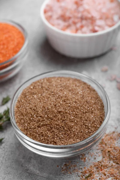 Different Kinds Salt Grey Table Closeup — Stock Photo, Image