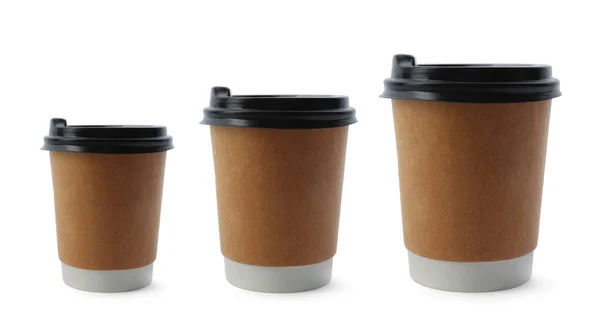 Kaffeetassen Aus Papier Verschiedenen Größen Auf Weißem Hintergrund Collage — Stockfoto