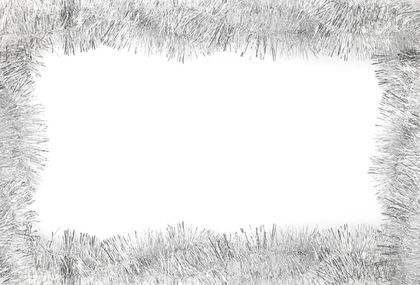 Rahmen Aus Silbrig Glänzendem Lametta Auf Weißem Hintergrund Draufsicht Raum — Stockfoto