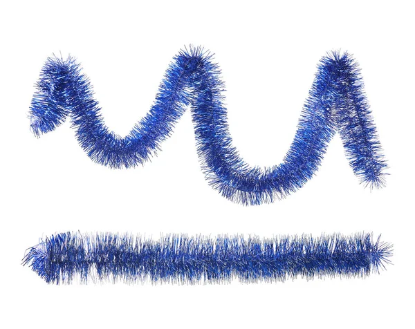 Glanzende Blauwe Tinsels Witte Achtergrond Collage Kerstversiering — Stockfoto