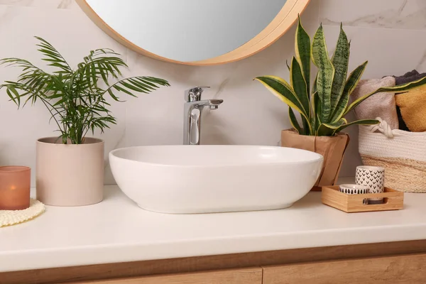 Bathroom Counter Sink Candles Beautiful Green Houseplants White Marble Wall — Stock Photo, Image