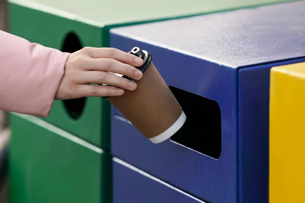 Woman Throwing Paper Coffee Cup Garbage Bin Outdoors Closeup Waste — Stock Photo, Image