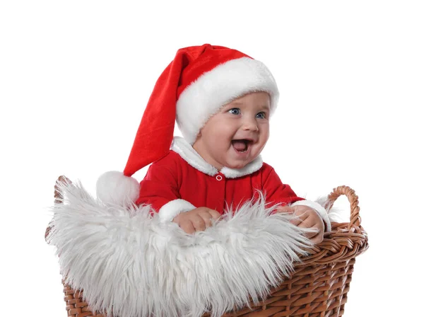 Leuke Baby Rieten Mandje Witte Achtergrond Kerstfeest — Stockfoto