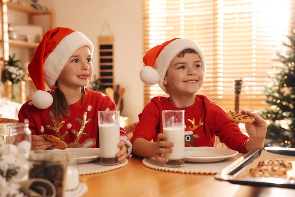 Cute Little Children Eating Delicious Christmas Cookies Home — Stock Photo, Image