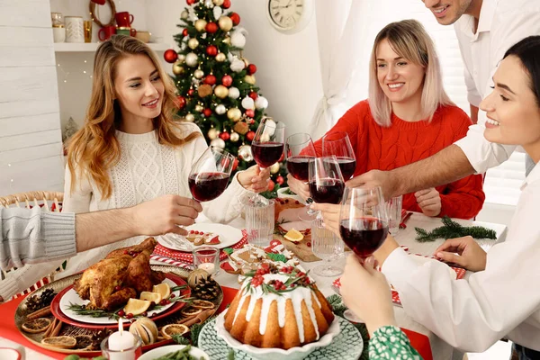 Happy Family Friends Clinking Glasses Festive Dinner Indoors Christmas Eve — Stock Photo, Image