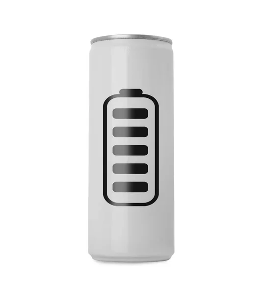 Lattina Bevanda Energetica Con Immagine Batteria Completamente Carica Sfondo Bianco — Foto Stock