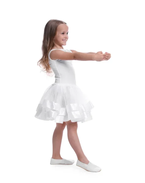 Menina Bonito Vestido Bonito Dançando Fundo Branco — Fotografia de Stock