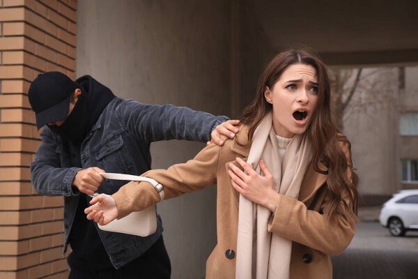 Thief trying to steal woman's bag in alley. Self defense concept