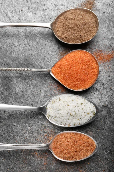 Different Kinds Salt Grey Table Flat Lay — Stock Photo, Image