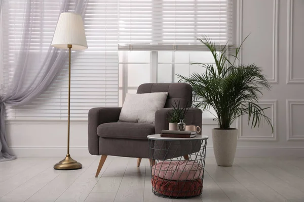 Comfortable Place Rest Grey Armchair Window Indoors — Stock Photo, Image