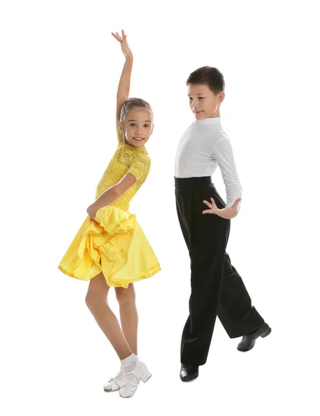 Pięknie Ubrana Para Dzieci Tańczących Białym Tle — Zdjęcie stockowe