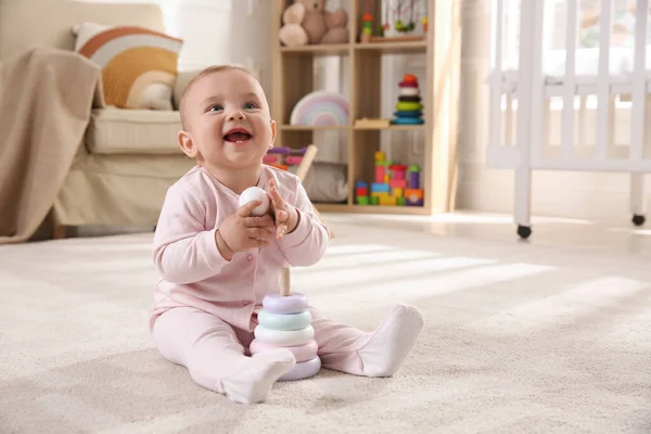 Cute Baby Girl Playing Toy Pyramid Floor Home — Stockfoto