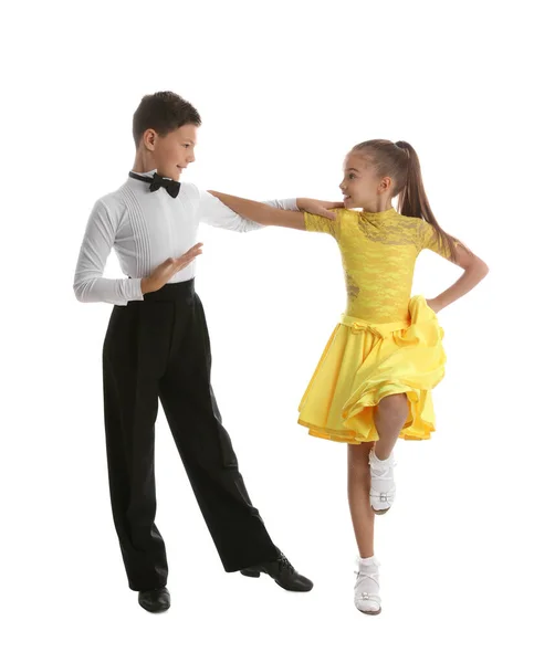Krásně Oblečený Pár Dětí Tančí Bílém Pozadí — Stock fotografie