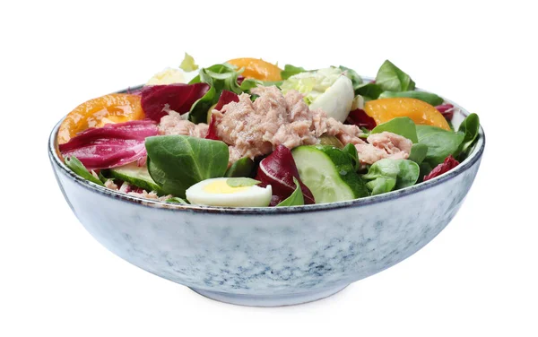 Schüssel Mit Köstlichem Salat Mit Thunfisch Und Gemüse Aus Der — Stockfoto