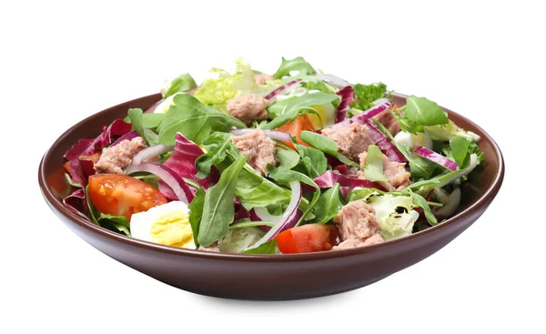 Bir Kase Lezzetli Salata Konserve Ton Balığı Beyaz Arka Planda — Stok fotoğraf