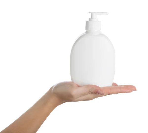 白い背景に液体石鹸ディスペンサーを持っている女性 クローズアップ — ストック写真