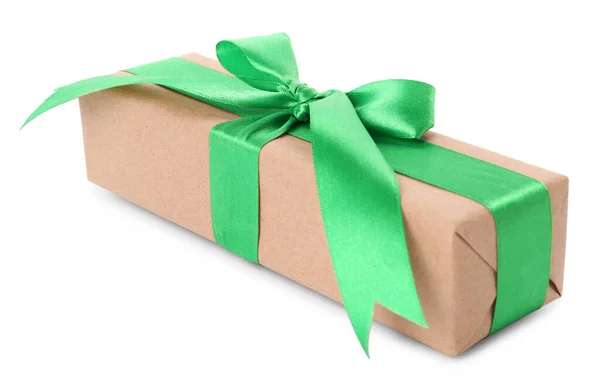 礼品盒 绿色蝴蝶结 白色隔离 — 图库照片