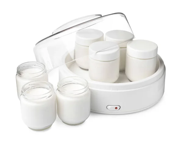 Moderne Yoghurtmaker Met Volle Potten Witte Achtergrond — Stockfoto