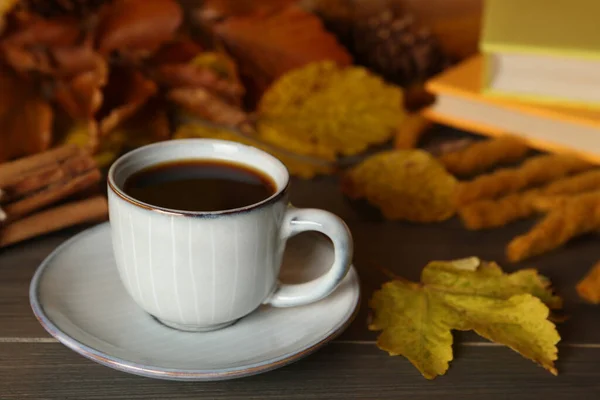 Composition Cup Hot Coffee Autumn Leaves Wooden Table Space Text — Stock Photo, Image