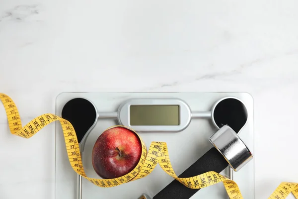 Flat Lay Composition Scales White Marble Table Space Text — Stock Photo, Image