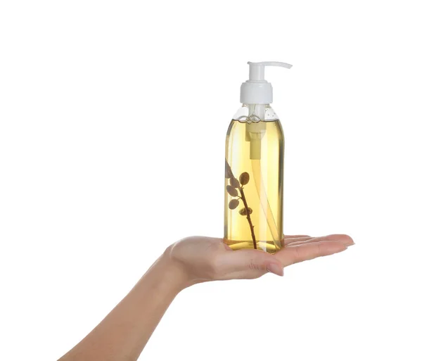 Woman Holding Liquid Soap Dispenser Twig White Background Closeup — Stock Photo, Image