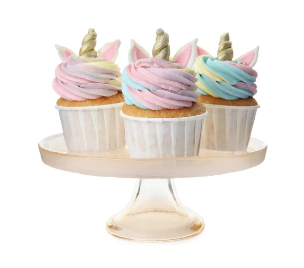 Suporte Sobremesa Com Cupcakes Unicórnio Doce Bonito Fundo Branco — Fotografia de Stock