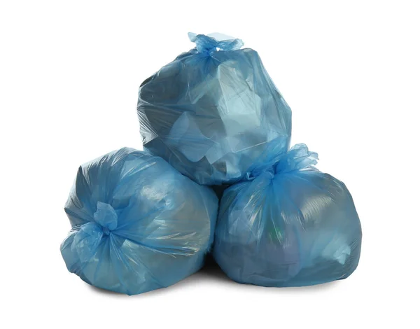 Sacos Lixo Azul Cheios Lixo Fundo Branco — Fotografia de Stock