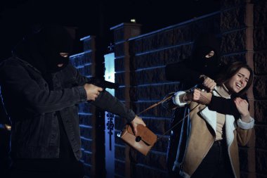 Silahlı hırsızlar gece vakti kadının çantasını çalıyorlar. Nefsi müdafaa
