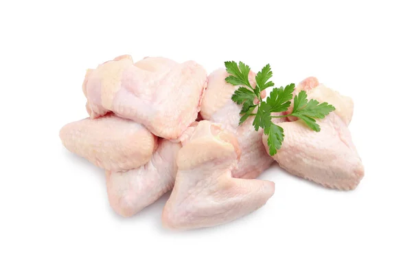 Rohe Hühnerflügel Mit Petersilie Auf Weißem Hintergrund Draufsicht — Stockfoto
