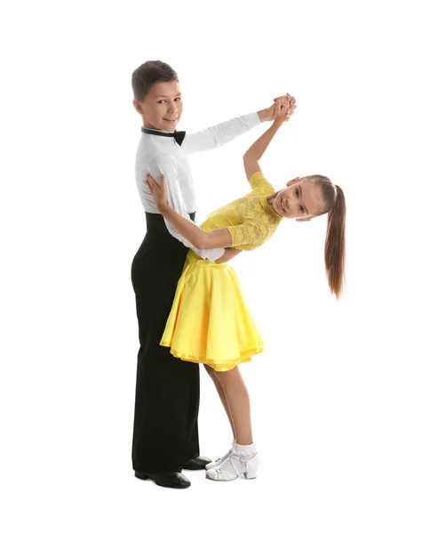 Pięknie Ubrana Para Dzieci Tańczących Białym Tle — Zdjęcie stockowe