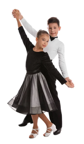 Schön Gekleidetes Kinderpaar Das Auf Weißem Hintergrund Tanzt — Stockfoto