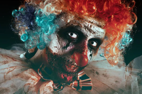 Korkunç Palyaço Portresi Yakın Plan Cadılar Bayramı Partisi Kostümü — Stok fotoğraf