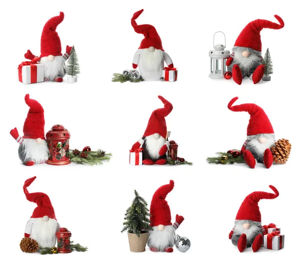 Set Mit Lustigen Weihnachtszwergen Und Festlichem Dekor Auf Weißem Hintergrund — Stockfoto