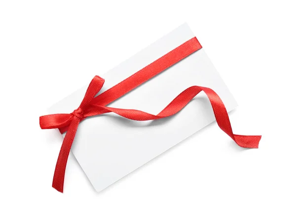 Leere Geschenkanhänger Mit Rotem Satinband Auf Weißem Hintergrund Ansicht Von — Stockfoto