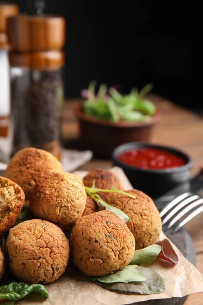 Delicious Falafel Balls Herbs Board Closeup Space Text — Stock Photo, Image