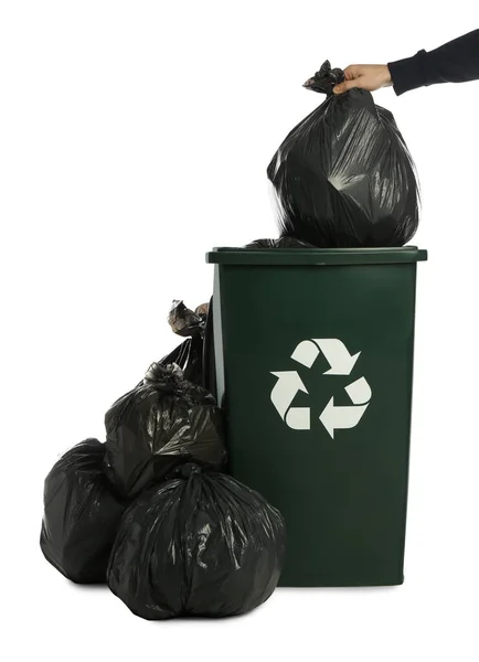 Man Putting Garbage Bag Recycling Bin White Background Closeup — Stock Photo, Image
