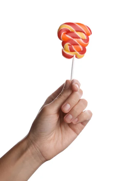 Woman Holding Bright Tasty Lollipop White Background Closeup — Stock Photo, Image