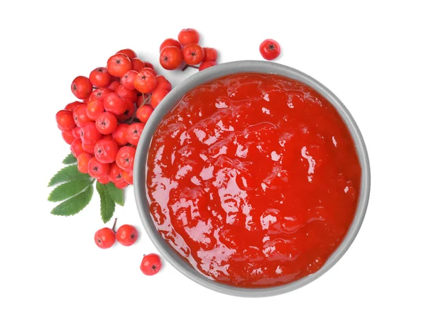 Delicious Rowan Jam Bowl Berries White Background Top View — Stock Photo, Image