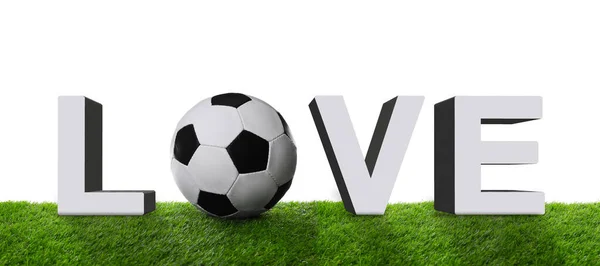 Palabra Amor Hecha Letras Pelota Fútbol Sobre Hierba Verde Sobre — Foto de Stock