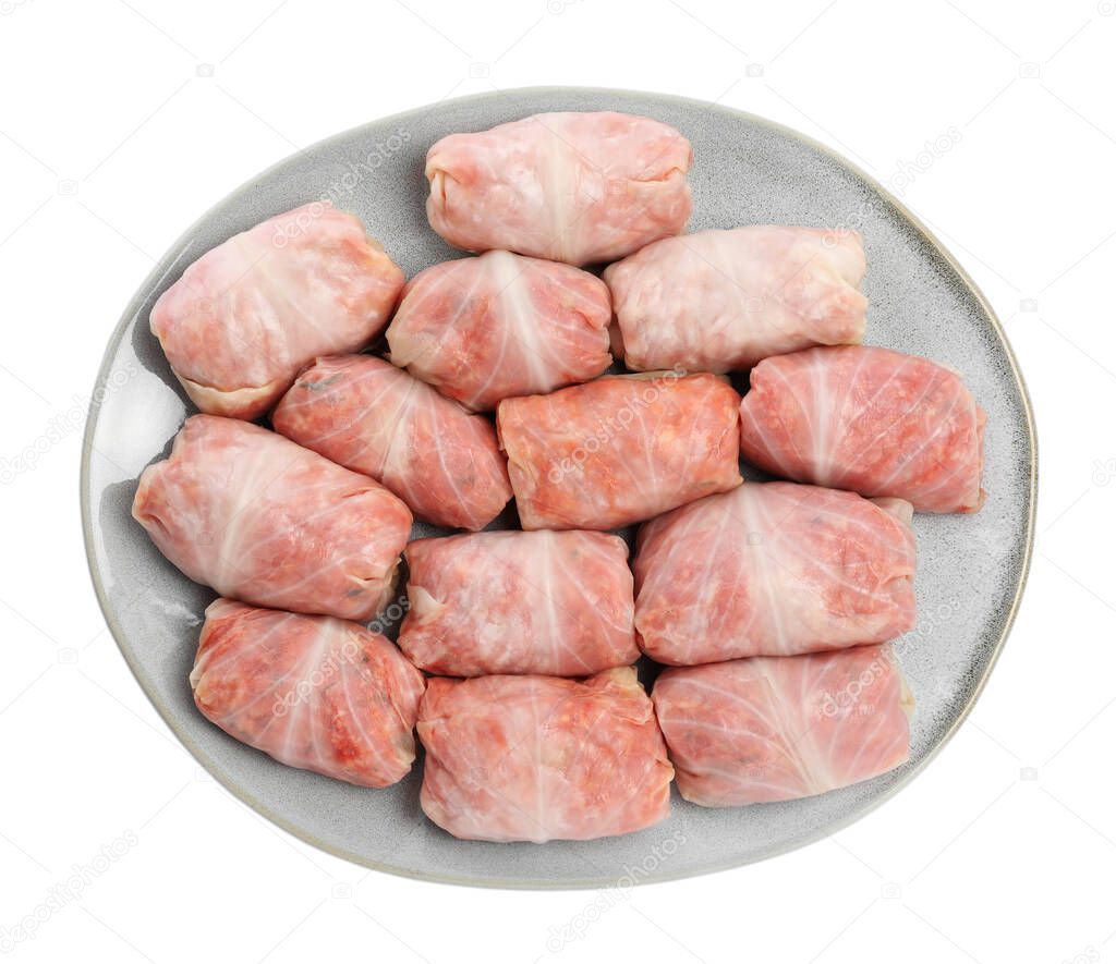 Uncooked stuffed cabbage rolls on white background, top view