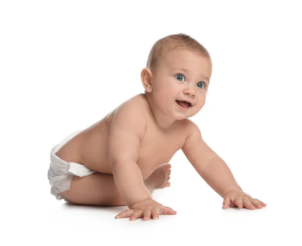 Cute Little Baby Diaper Crawling White Background — Stock Photo, Image