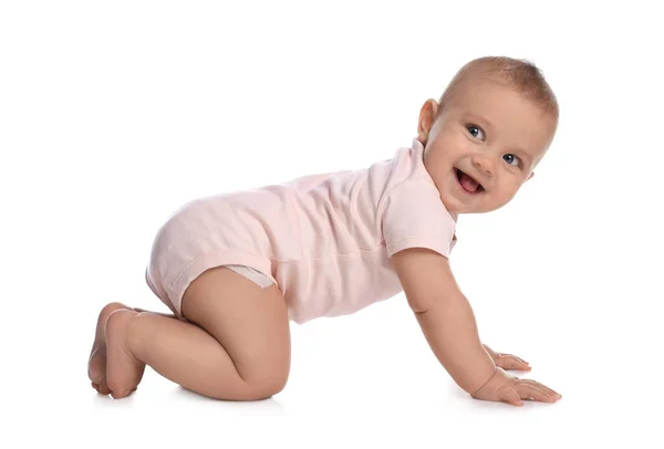 Cute Little Baby Girl Czołgając Się Białym Tle — Zdjęcie stockowe