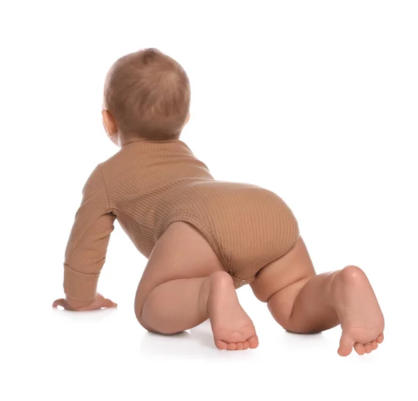 Schattig Klein Baby Kruipen Witte Achtergrond — Stockfoto