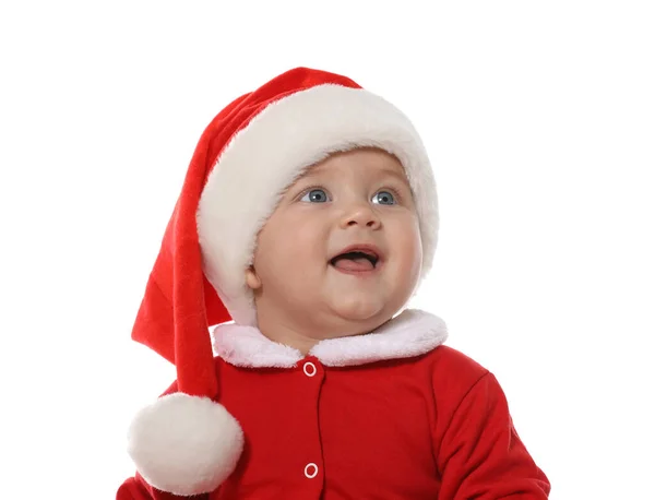 可愛いです赤ちゃんでクリスマス衣装上の白い背景 — ストック写真