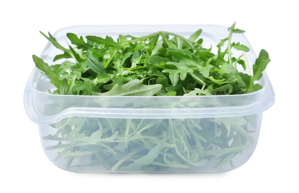 Friss Arugula Fehér Alapon Izolált Műanyag Tartályban — Stock Fotó