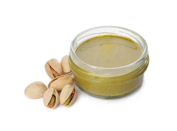 Jar Delicious Pistachio Butter Nuts White Background — Stock Photo, Image