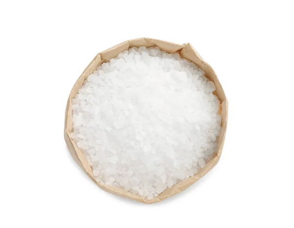Natürliches Salz Papiertüte Isoliert Auf Weiß Ansicht Von Oben — Stockfoto