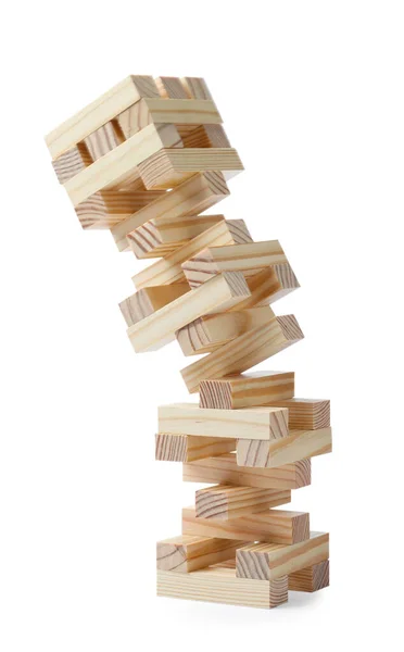 Wieża Jenga Wykonana Drewnianych Klocków Spadających Białe Tło — Zdjęcie stockowe