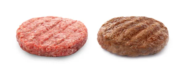 Raw Grilled Hamburger Patties White Background Collage Banner Design — Stock Photo, Image